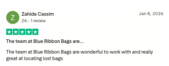 Five-star Trustpilot review from Zahida Cassim: the team at Blue Ribbon Bags are wonderful to work with and really great at locating lost bags.